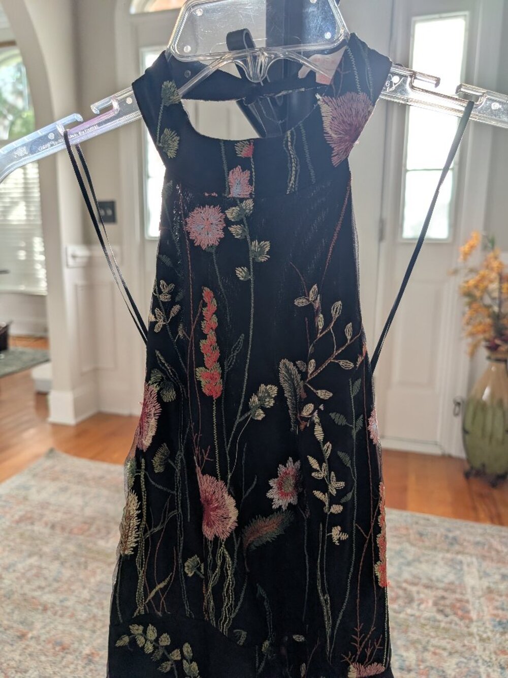 Black Embroidered Mesh Mini Dress Floral Sheer High Neck Party Cocktail